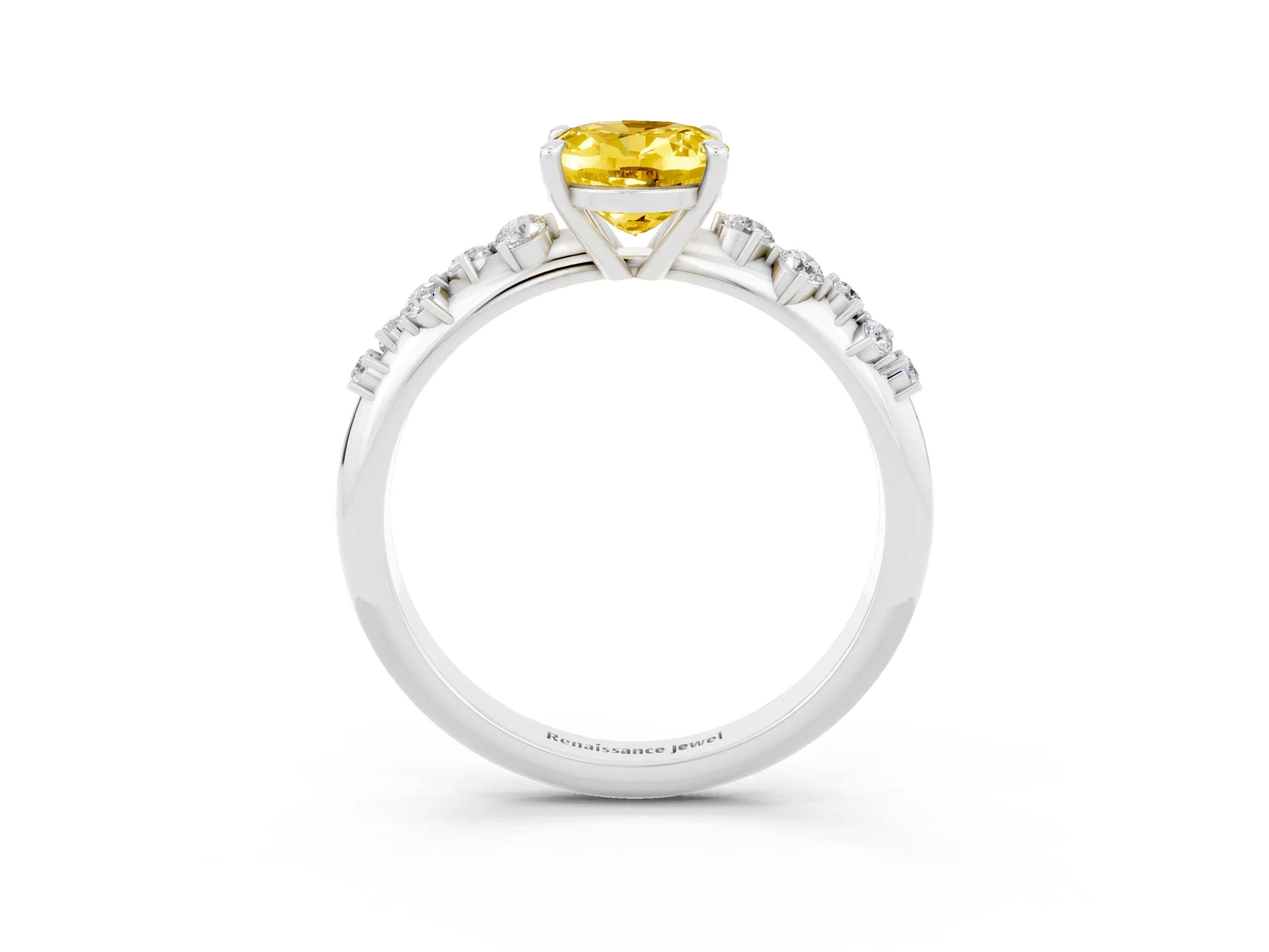 White gold Oval Cut Yellow Sapphire Cluster Side Stone Solitaire Ring with Prong Setting_51