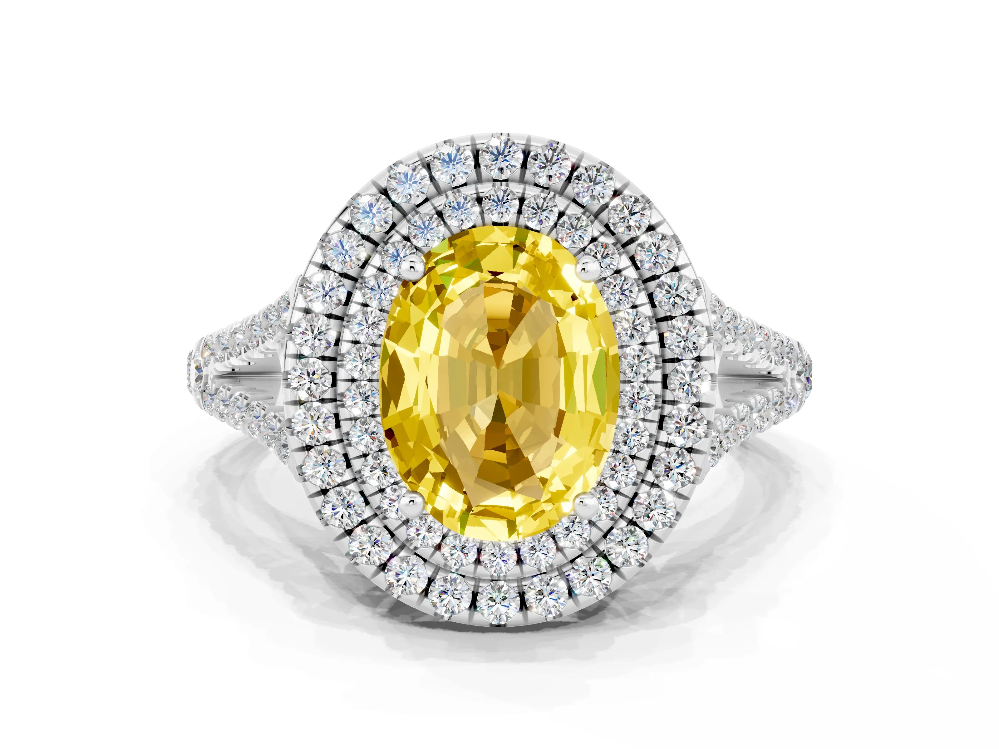 White gold Oval Cut Yellow Sapphire Double Halo Ring with Pavé Band and Prong Setting_12