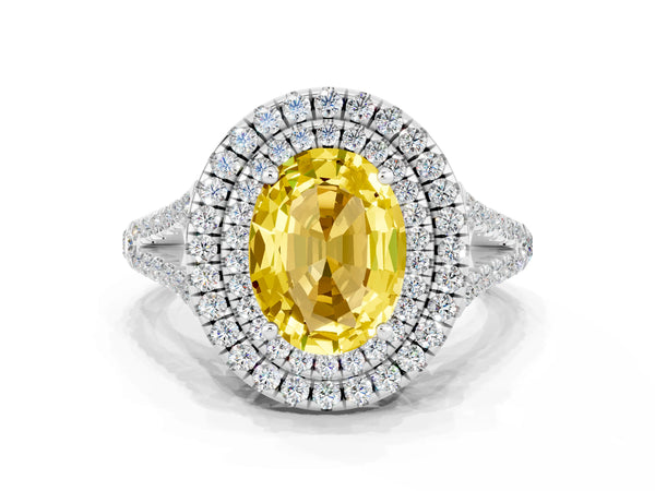 Silver Oval Cut Yellow Sapphire Double Halo Ring with Pavé Band and Prong Setting