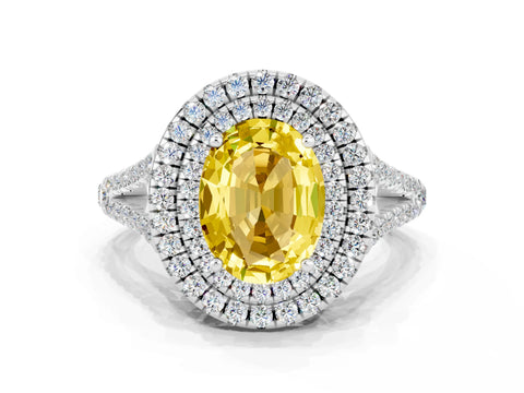 White gold Oval Cut Yellow Sapphire Double Halo Ring with Pavé Band and Prong Setting_12