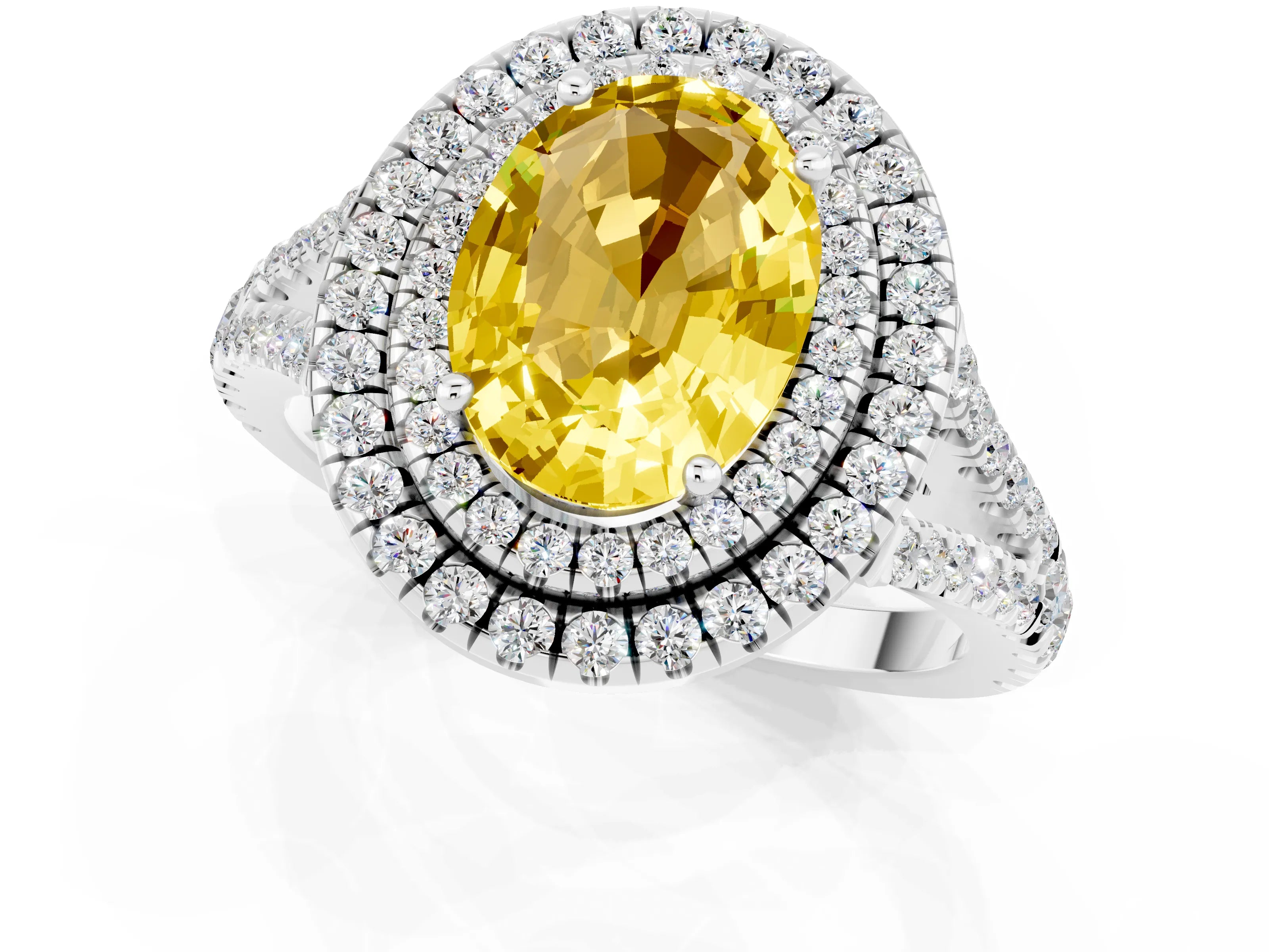 White gold Oval Cut Yellow Sapphire Double Halo Ring with Pavé Band and Prong Setting_13