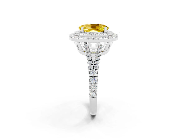 Silver Oval Cut Yellow Sapphire Double Halo Ring with Pavé Band and Prong Setting