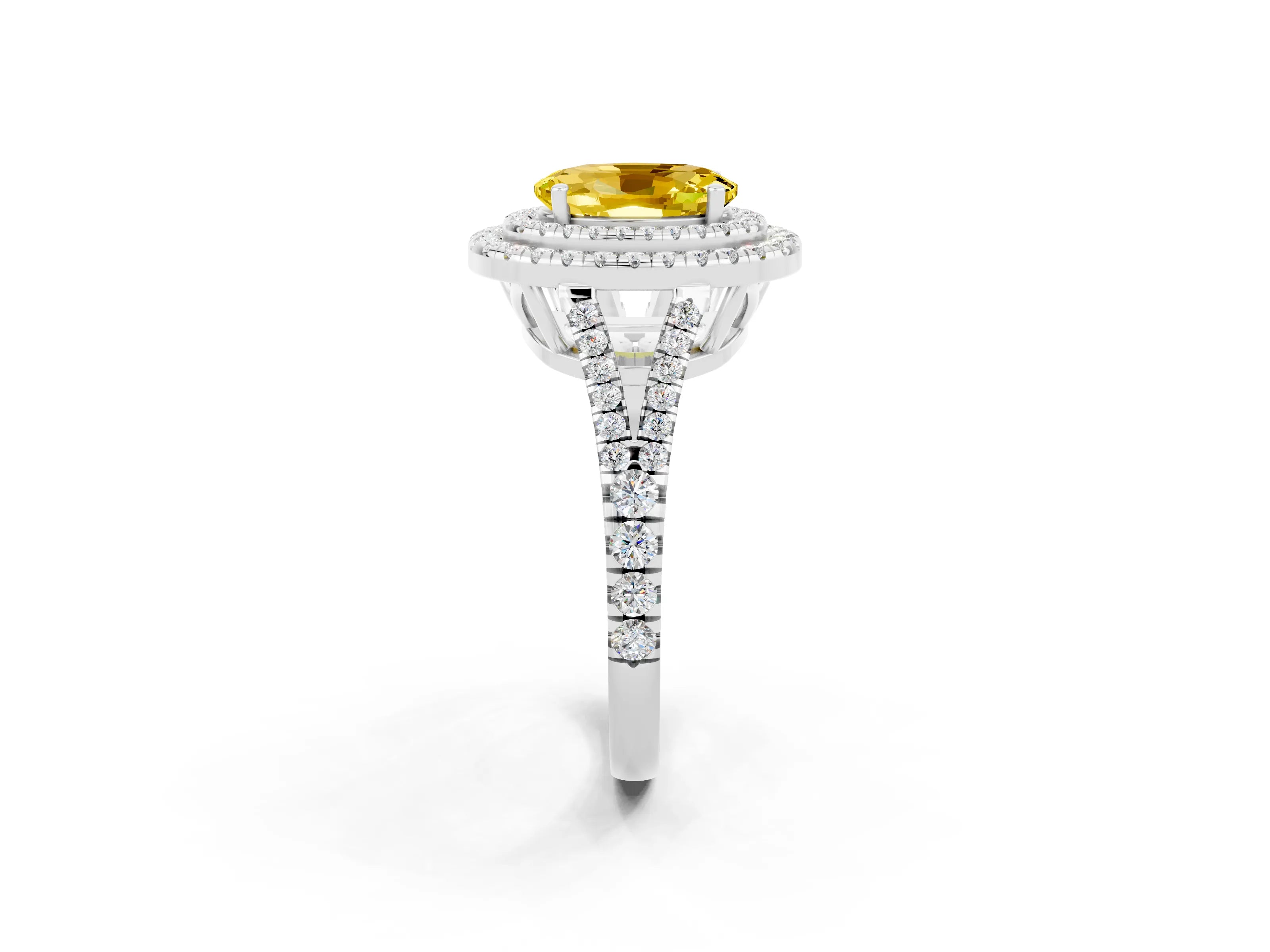 White gold Oval Cut Yellow Sapphire Double Halo Ring with Pavé Band and Prong Setting_14