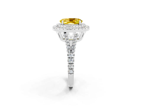 White gold Oval Cut Yellow Sapphire Double Halo Ring with Pavé Band and Prong Setting_14