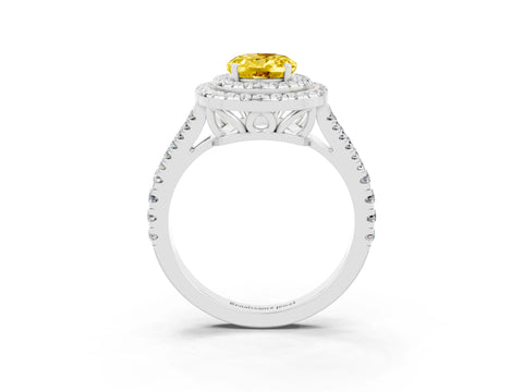 White gold Oval Cut Yellow Sapphire Double Halo Ring with Pavé Band and Prong Setting_15