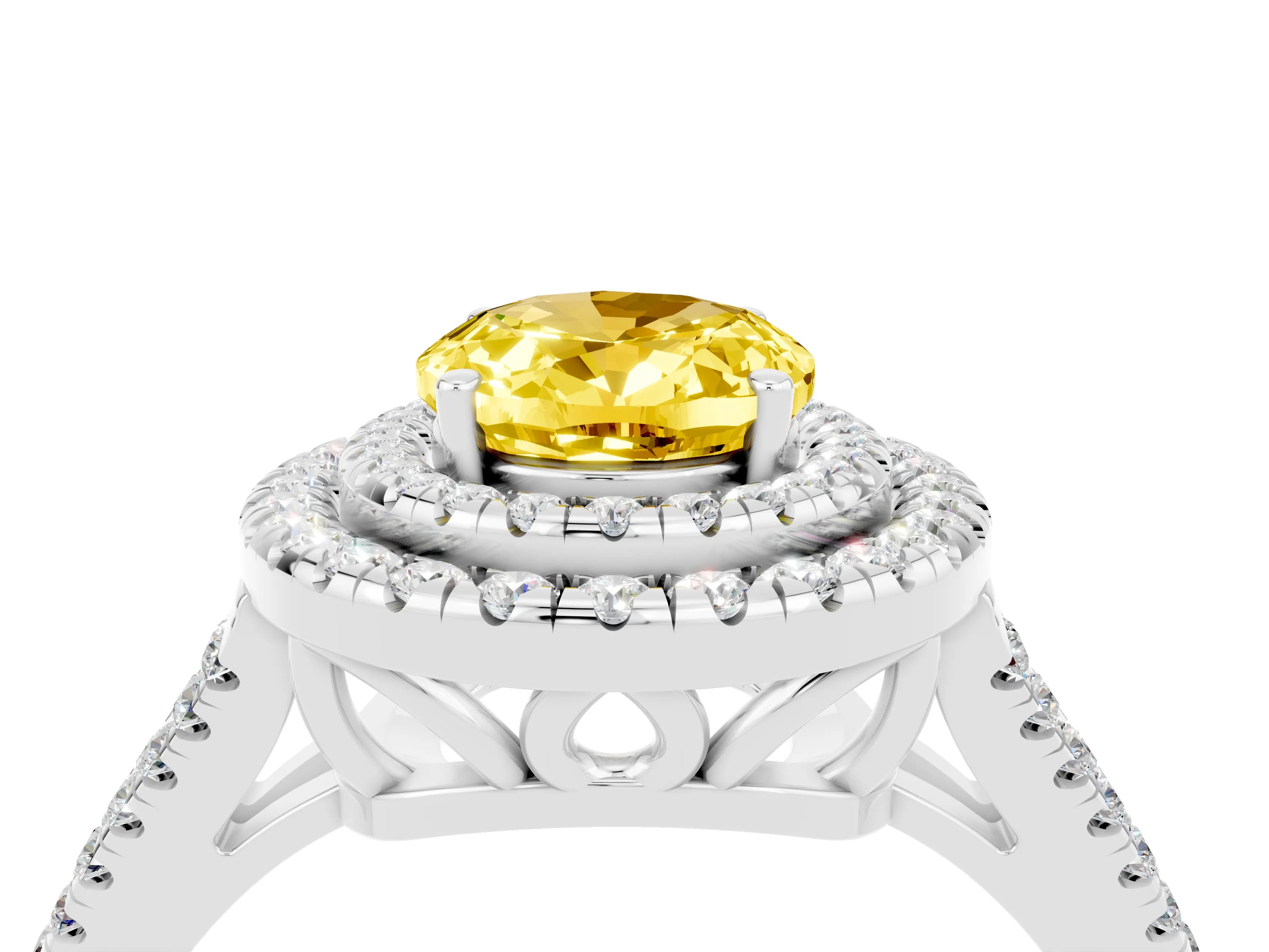 White gold Oval Cut Yellow Sapphire Double Halo Ring with Pavé Band and Prong Setting_16