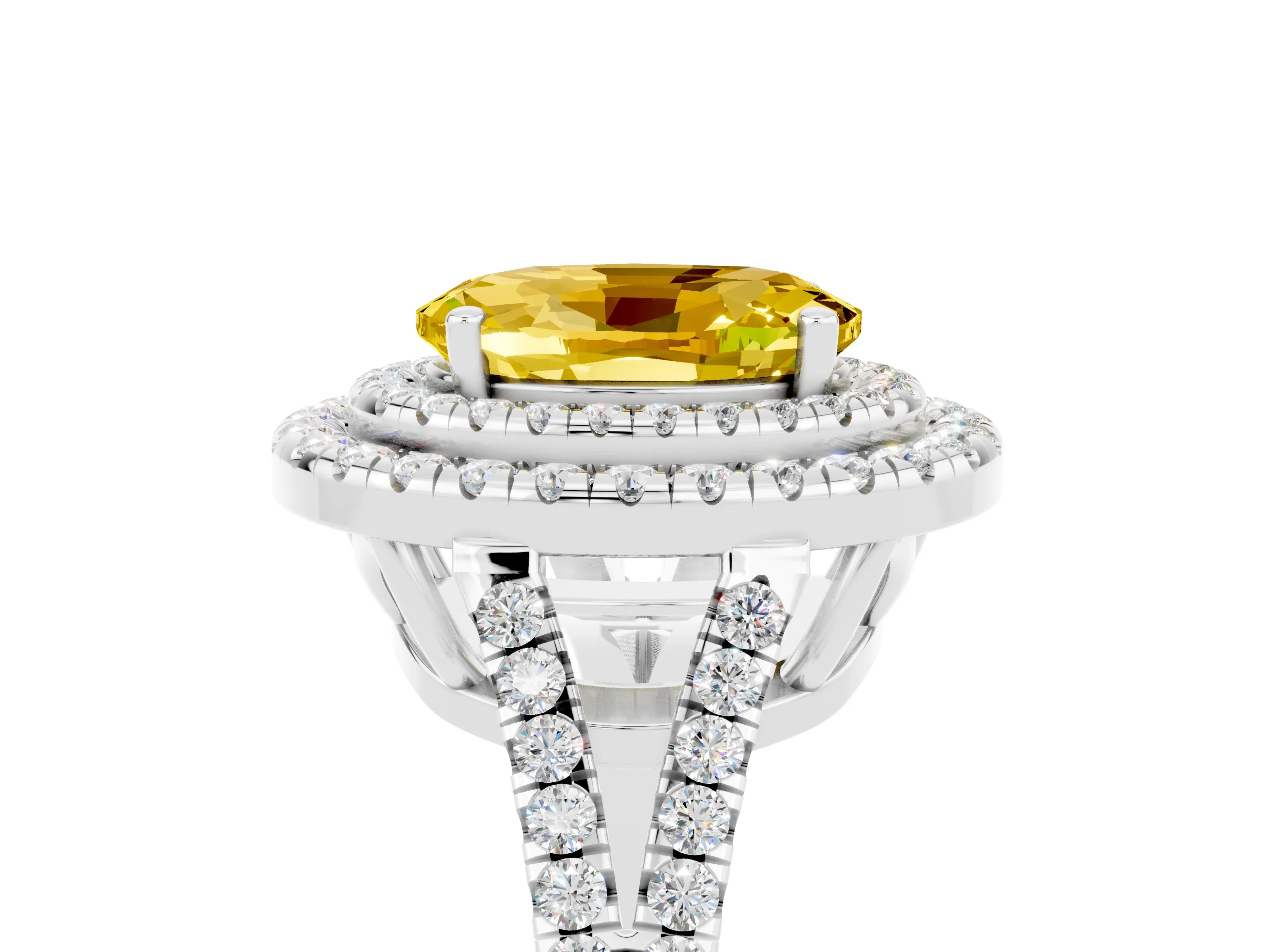 White gold Oval Cut Yellow Sapphire Double Halo Ring with Pavé Band and Prong Setting_17