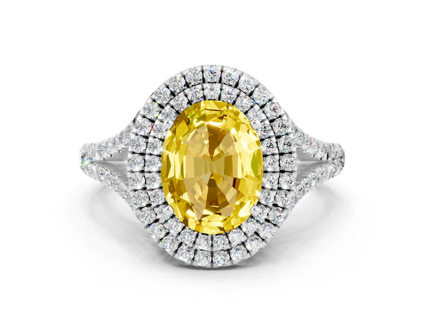 Silver Oval Cut Yellow Sapphire Double Halo Ring with Split Shank and Prong Setting