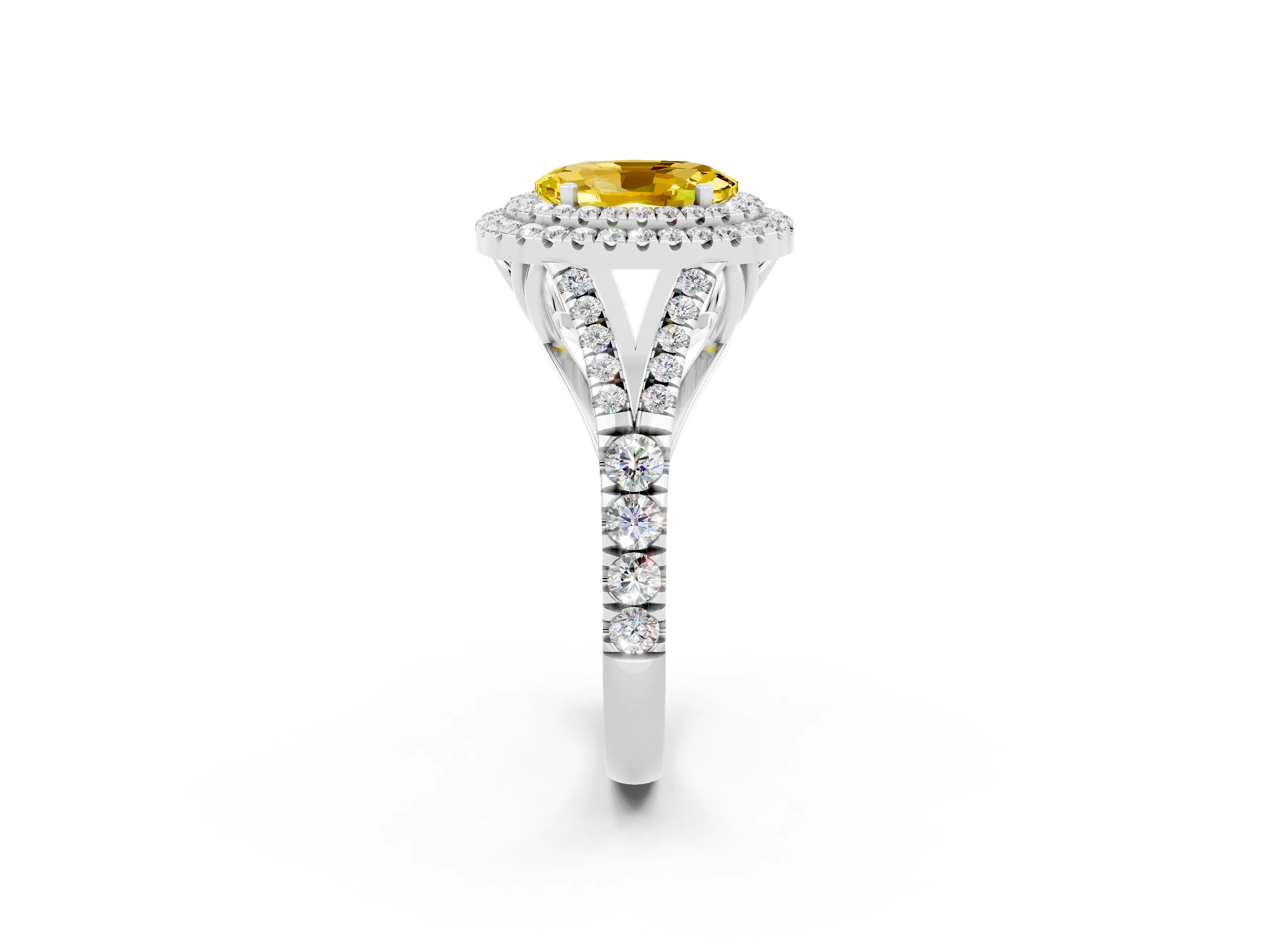 White gold Oval Cut Yellow Sapphire Double Halo Ring with Split Shank and Prong Setting_14