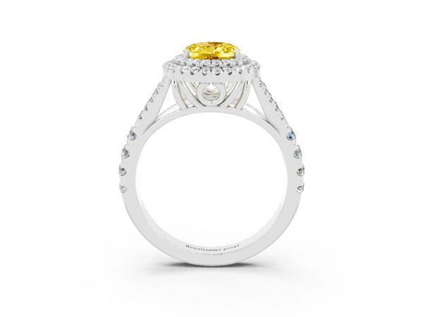 Silver Oval Cut Yellow Sapphire Double Halo Ring with Split Shank and Prong Setting