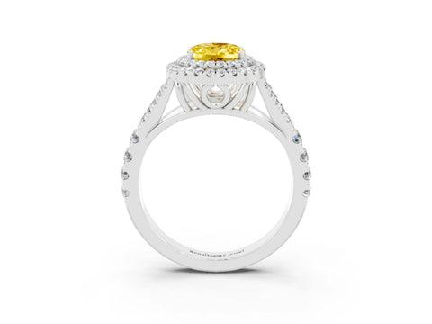 White gold Oval Cut Yellow Sapphire Double Halo Ring with Split Shank and Prong Setting_15