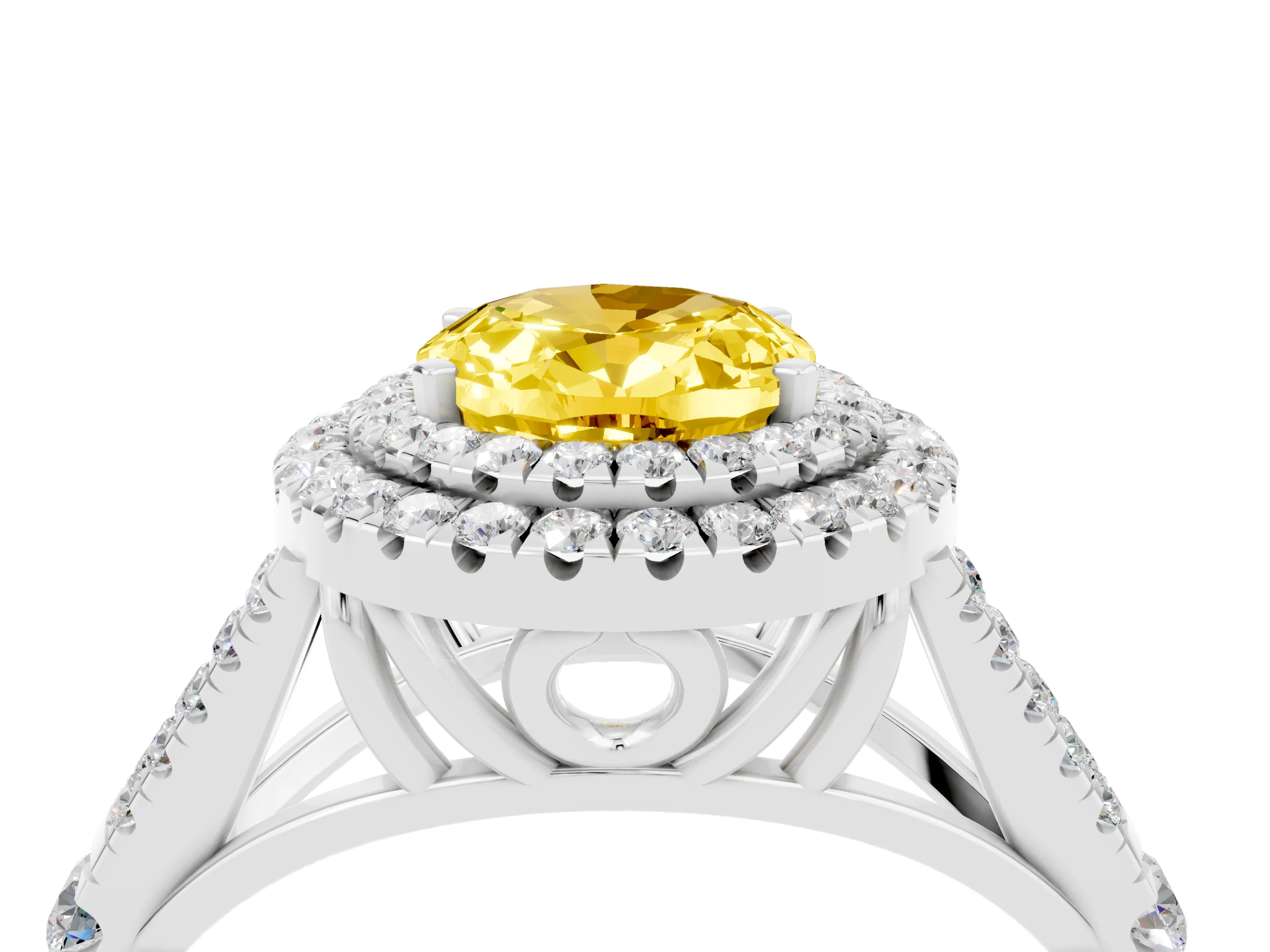 White gold Oval Cut Yellow Sapphire Double Halo Ring with Split Shank and Prong Setting_16