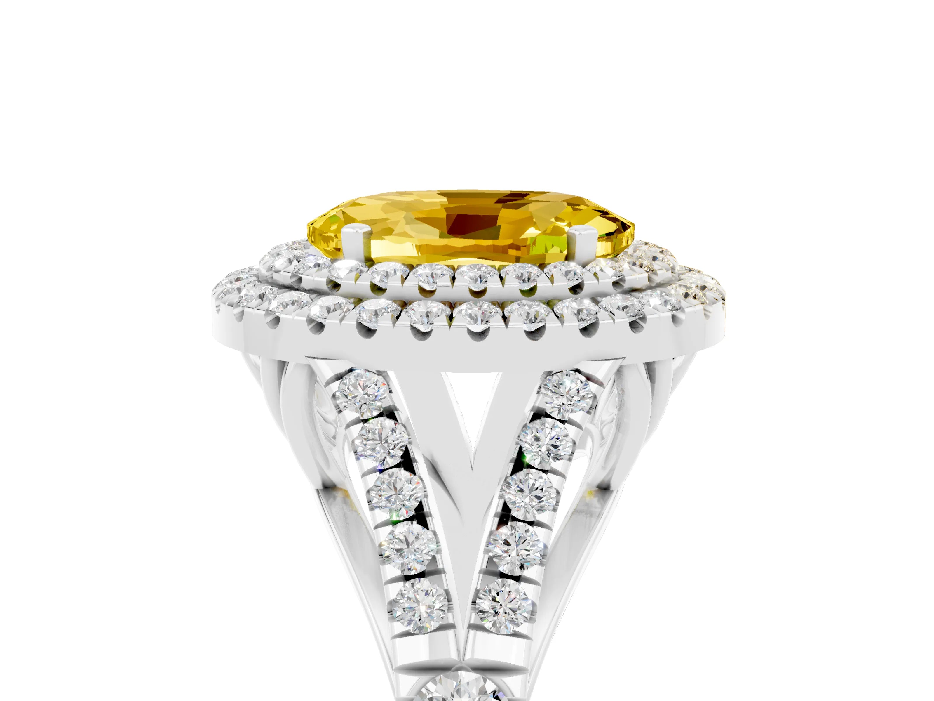 White gold Oval Cut Yellow Sapphire Double Halo Ring with Split Shank and Prong Setting_17