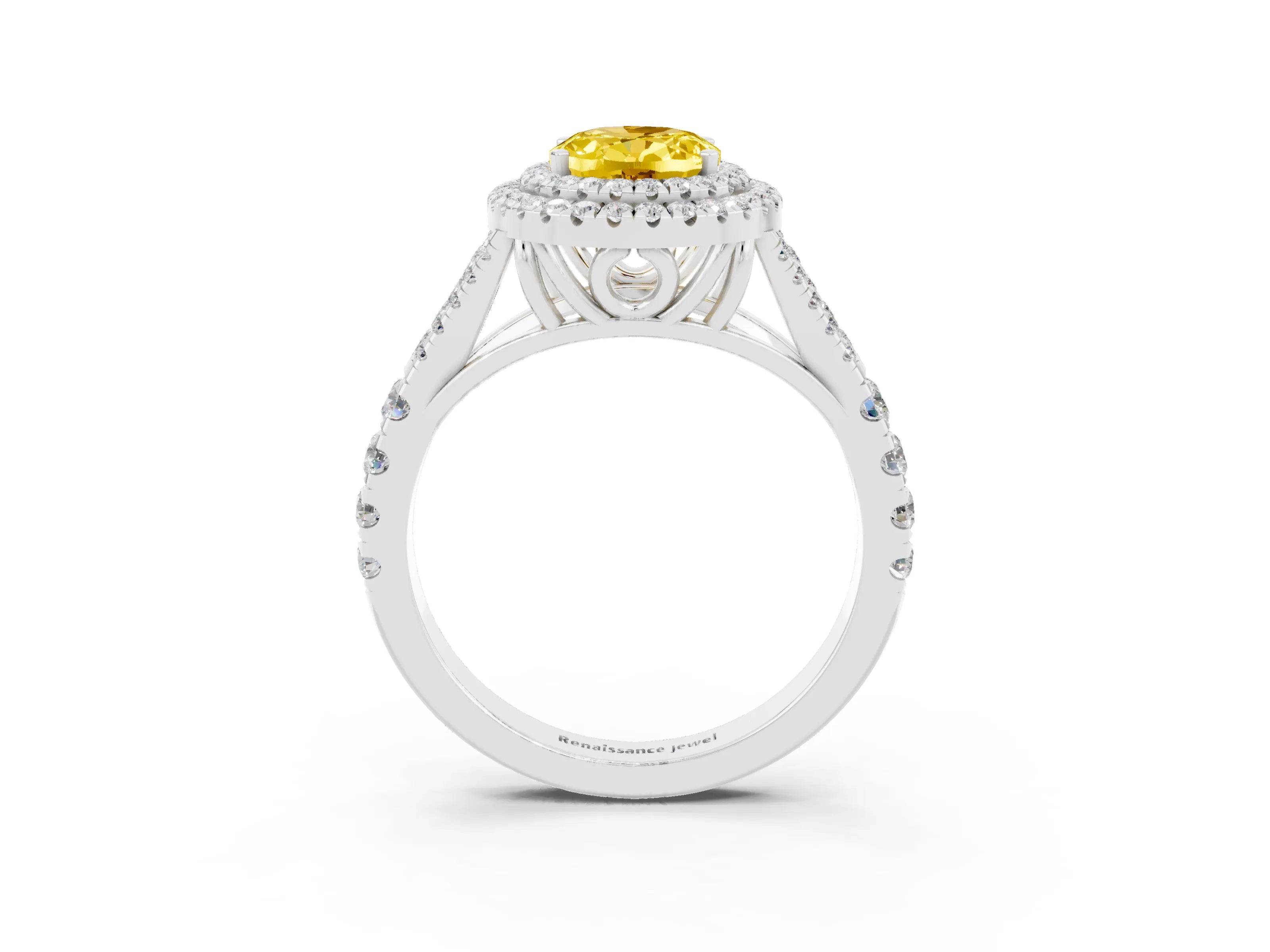White gold Oval Cut Yellow Sapphire Double Halo Ring with Split Shank and Prong Setting_27