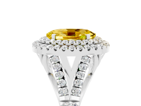 White gold Oval Cut Yellow Sapphire Double Halo Ring with Split Shank and Prong Setting_29