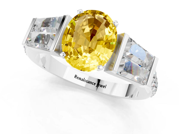 Platinum Oval Cut Yellow Sapphire Engagement Ring with Baguette Side Stones and Channel Set Band