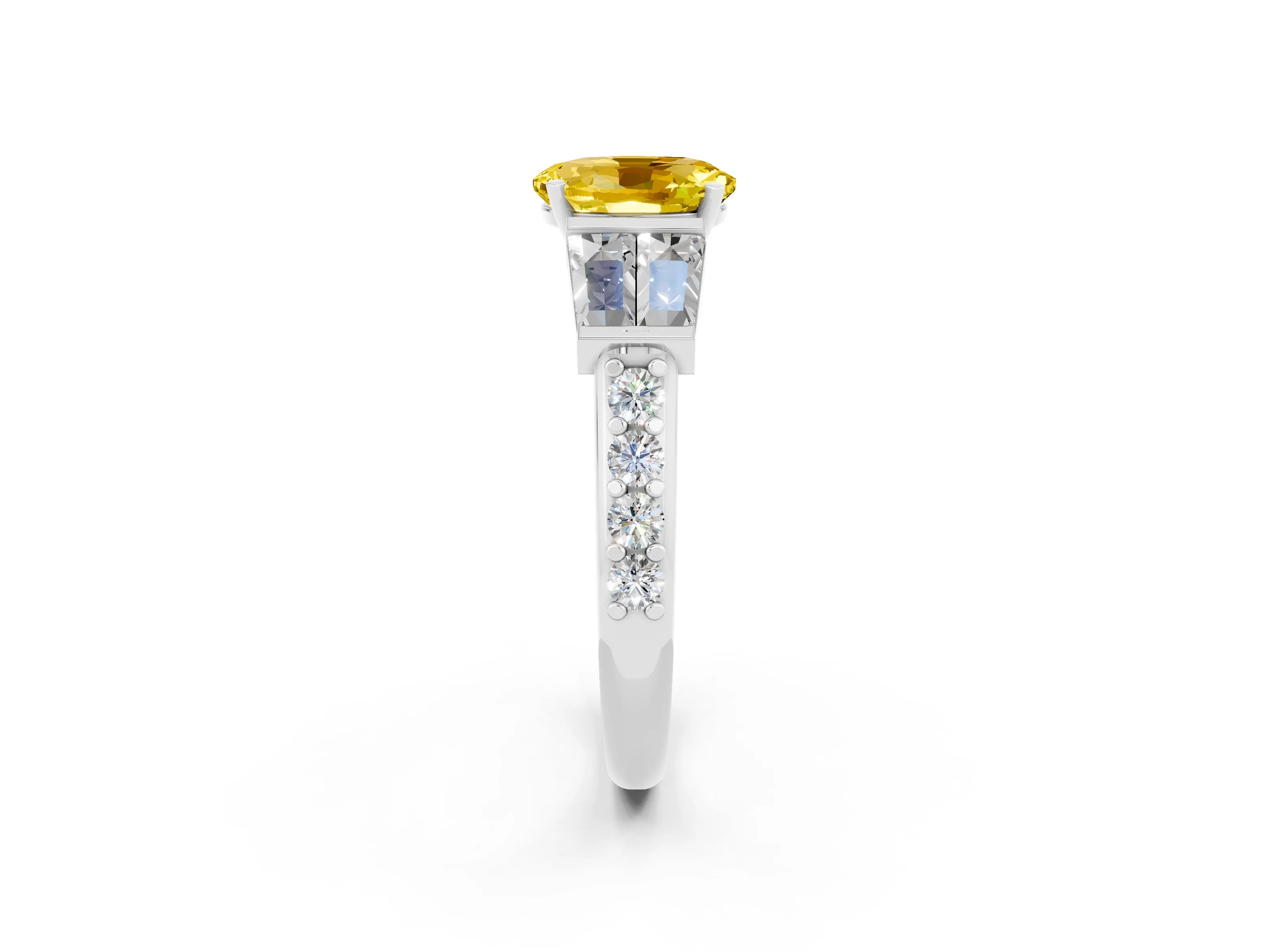 White gold Oval Cut Yellow Sapphire Engagement Ring with Baguette Side Stones and Channel Set Band_2