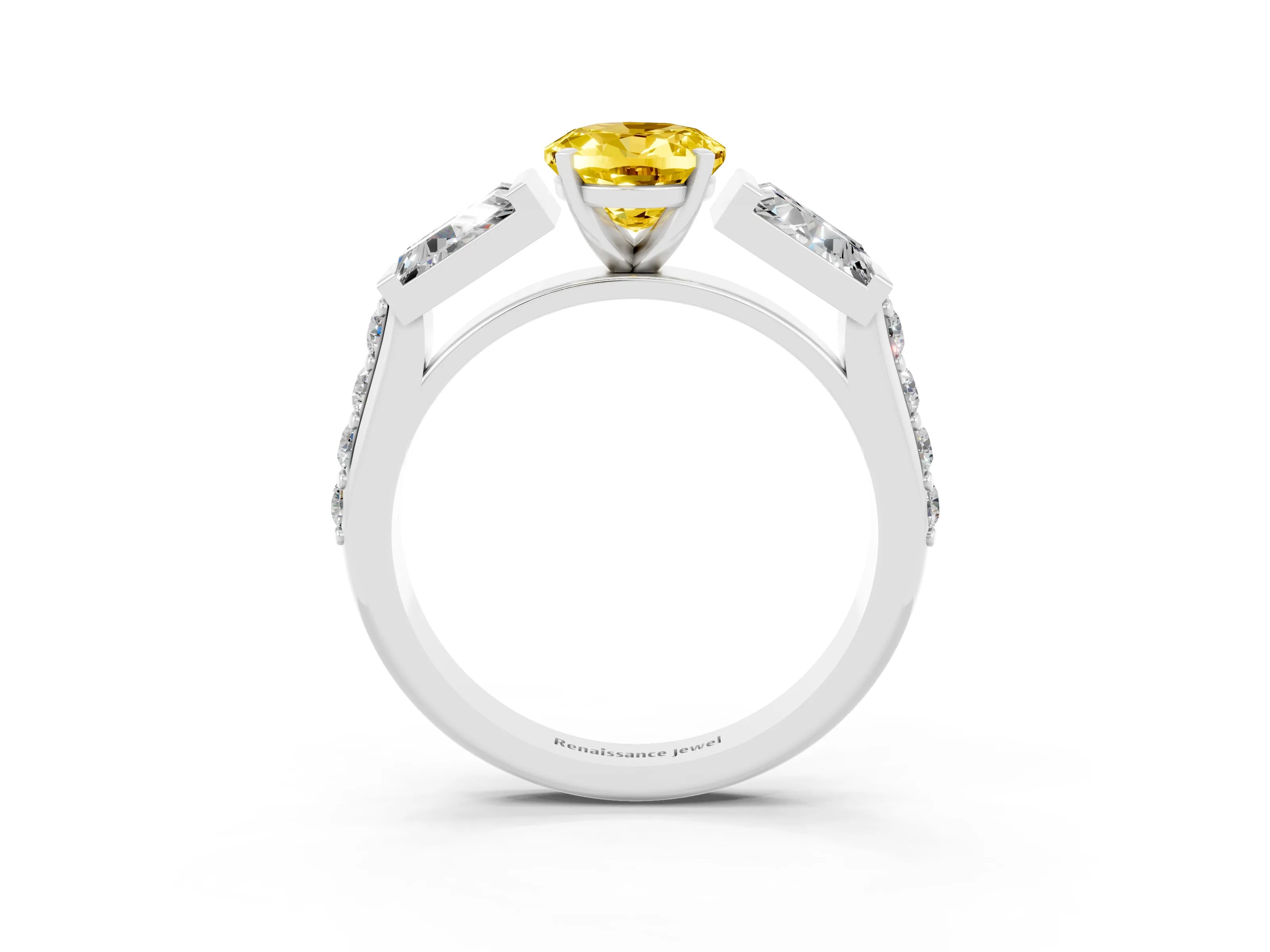 White gold Oval Cut Yellow Sapphire Engagement Ring with Baguette Side Stones and Channel Set Band_3