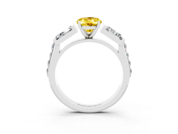 White gold Oval Cut Yellow Sapphire Engagement Ring with Baguette Side Stones and Channel Set Band