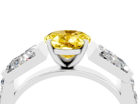White gold Oval Cut Yellow Sapphire Engagement Ring with Baguette Side Stones and Channel Set Band_4
