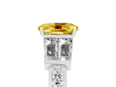 White gold Oval Cut Yellow Sapphire Engagement Ring with Baguette Side Stones and Channel Set Band_5