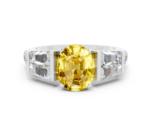 White gold Oval Cut Yellow Sapphire Engagement Ring with Baguette Side Stones and Channel Set Band