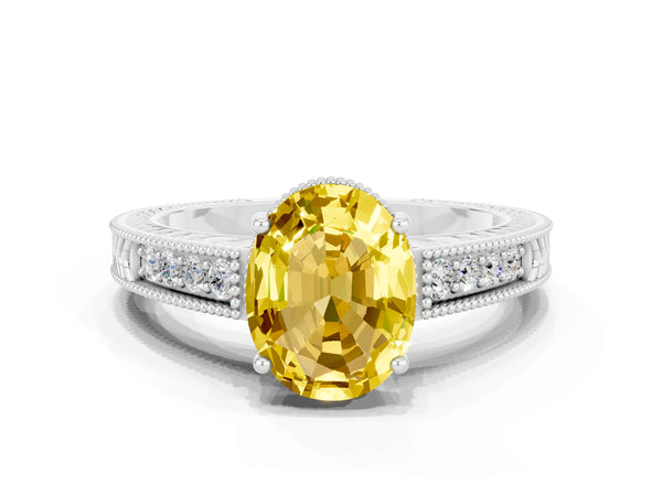 Platinum Oval Cut Yellow Sapphire Engagement Ring with Milgrain Channel Set Band and Prong Setting