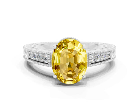 White gold Oval Cut Yellow Sapphire Engagement Ring with Milgrain Channel Set Band and Prong Setting_24