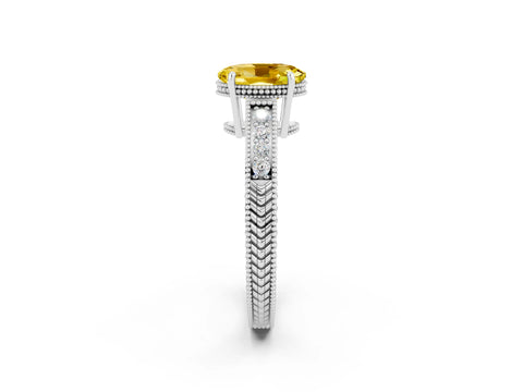 White gold Oval Cut Yellow Sapphire Engagement Ring with Milgrain Channel Set Band and Prong Setting_26