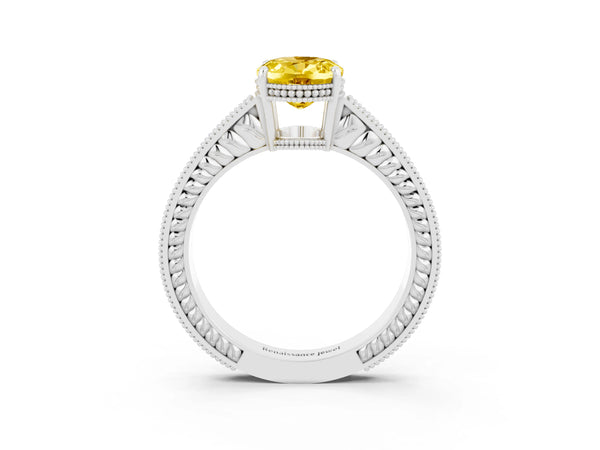 Platinum Oval Cut Yellow Sapphire Engagement Ring with Milgrain Channel Set Band and Prong Setting