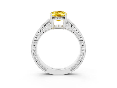 White gold Oval Cut Yellow Sapphire Engagement Ring with Milgrain Channel Set Band and Prong Setting_27
