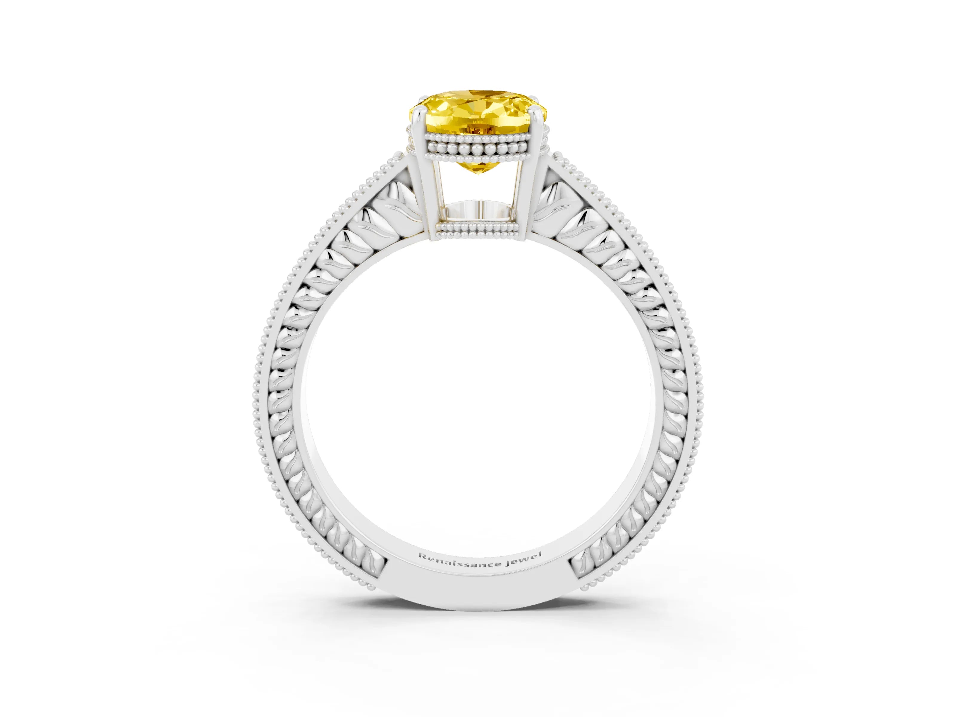 White gold Oval Cut Yellow Sapphire Engagement Ring with Milgrain Channel Set Band and Prong Setting_27