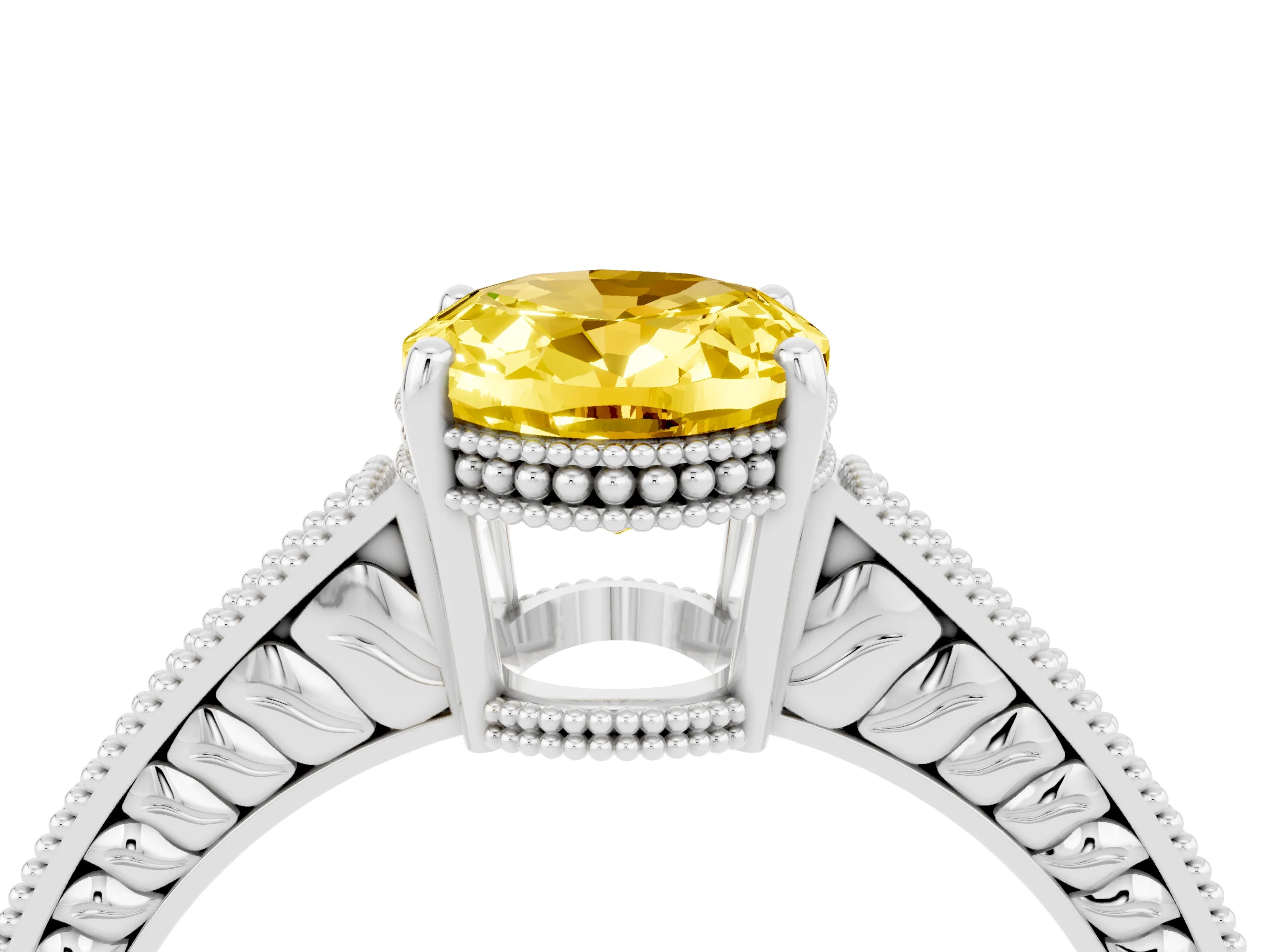 White gold Oval Cut Yellow Sapphire Engagement Ring with Milgrain Channel Set Band and Prong Setting_28