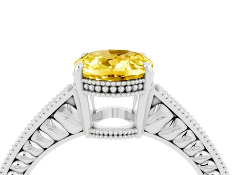 White gold Oval Cut Yellow Sapphire Engagement Ring with Milgrain Channel Set Band and Prong Setting_28