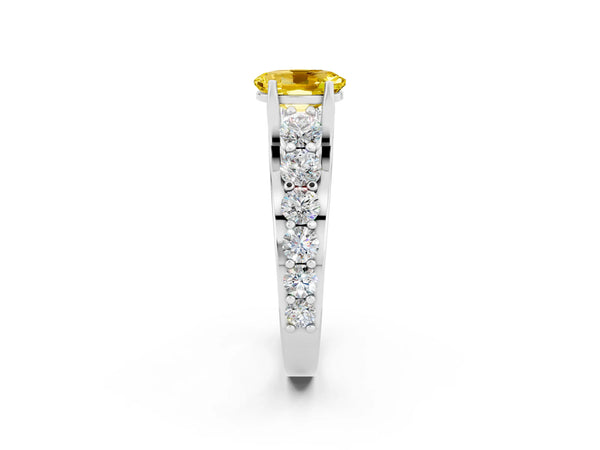White gold Oval Cut Yellow Sapphire Engagement Ring with Pavé Band and Four-Prong Setting