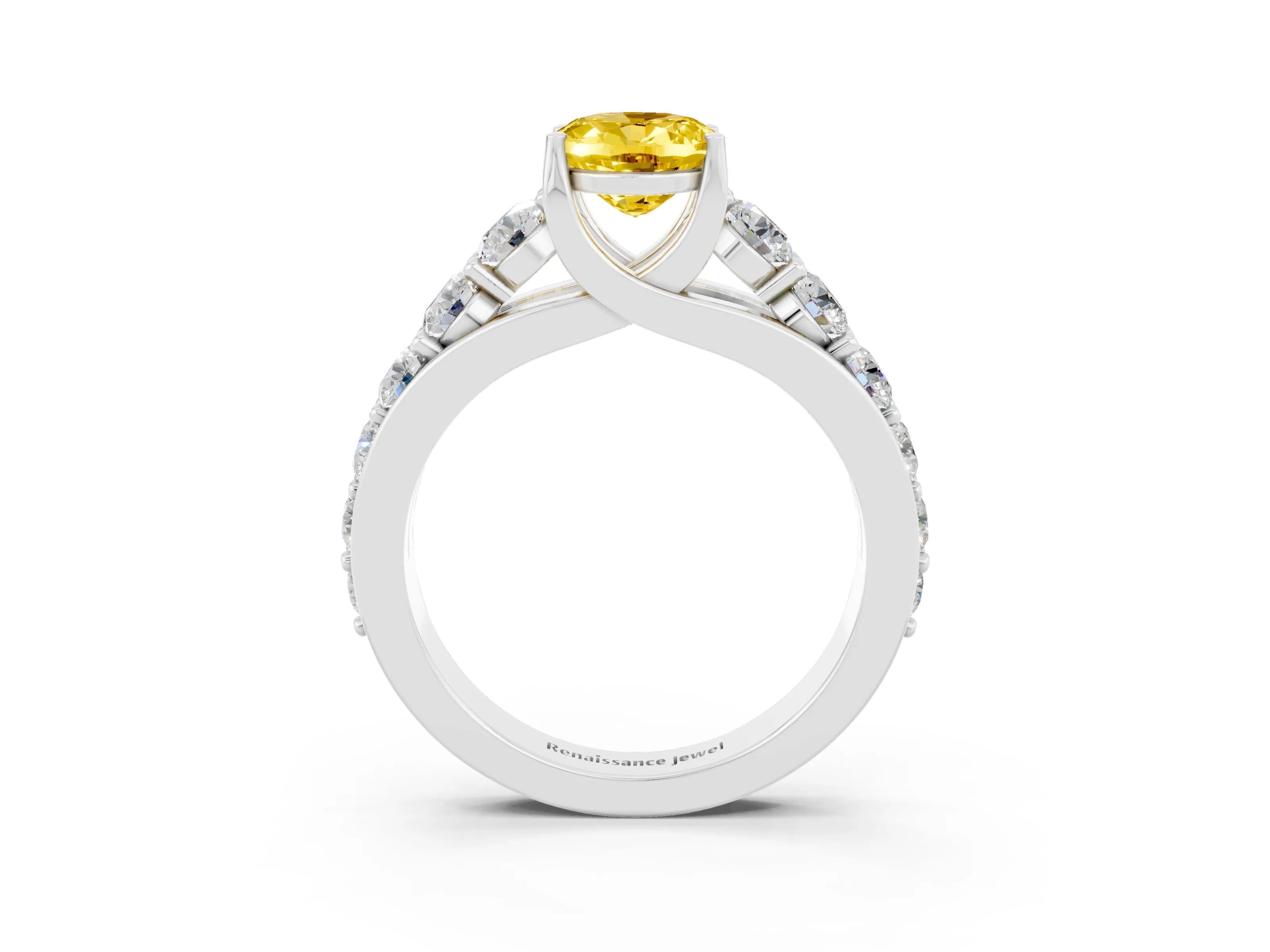 White gold Oval Cut Yellow Sapphire Engagement Ring with Pavé Band and Four-Prong Setting_3