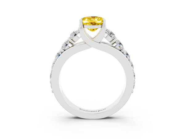 Platinum Oval Cut Yellow Sapphire Engagement Ring with Pavé Band and Four-Prong Setting