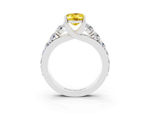 White gold Oval Cut Yellow Sapphire Engagement Ring with Pavé Band and Four-Prong Setting_3