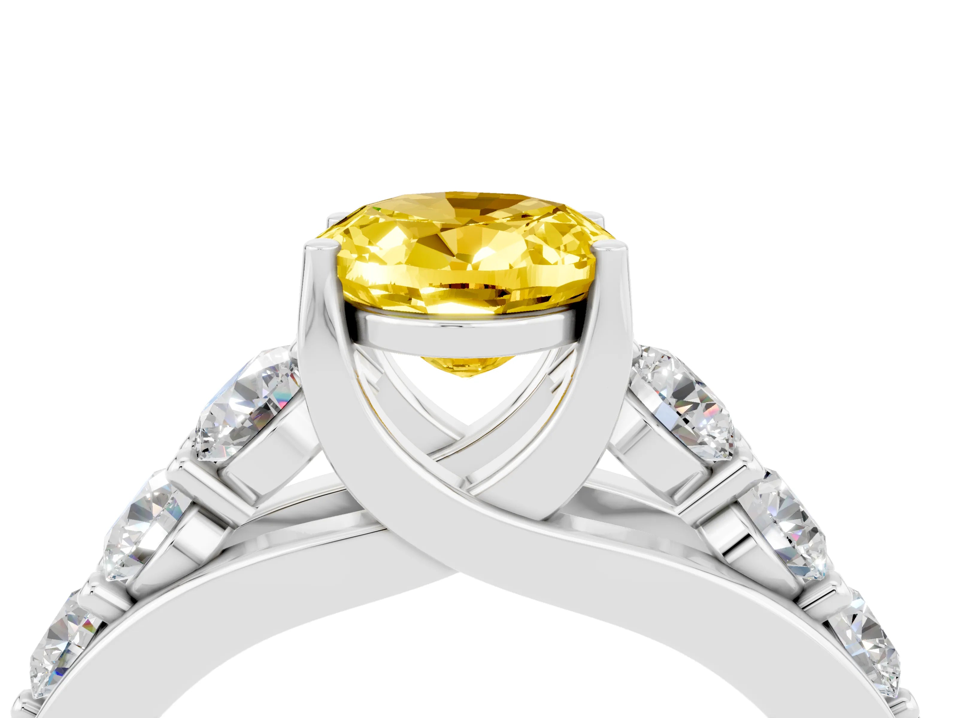 White gold Oval Cut Yellow Sapphire Engagement Ring with Pavé Band and Four-Prong Setting_4