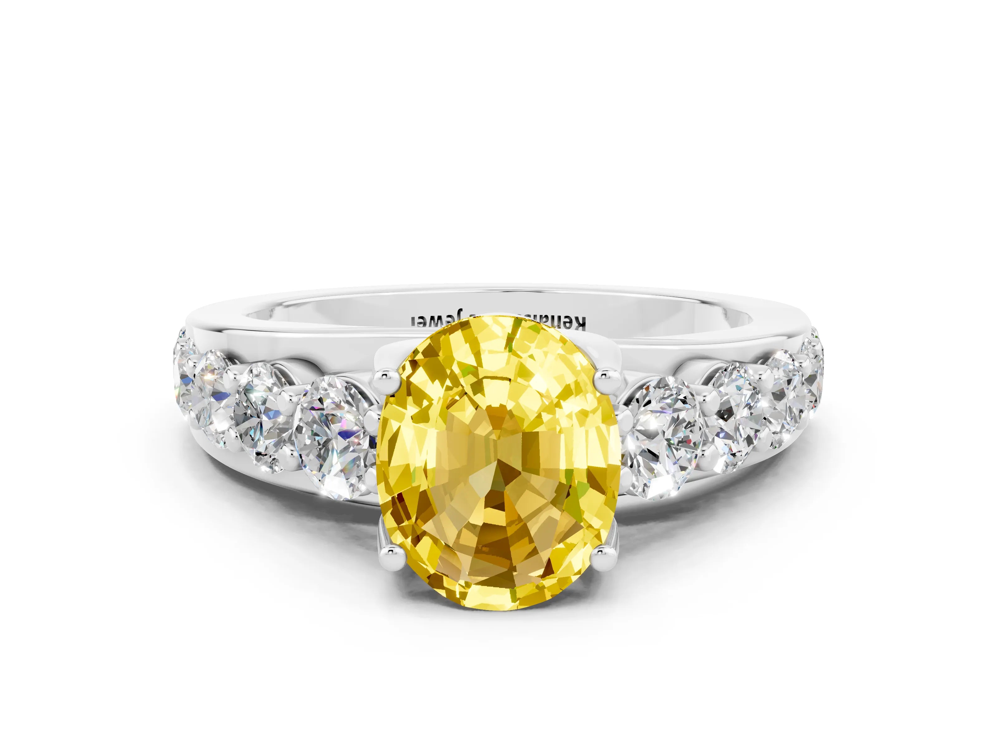White gold Oval Cut Yellow Sapphire Engagement Ring with Pavé Band and Four-Prong Setting