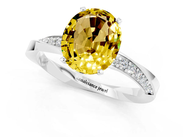 White gold Oval Cut Yellow Sapphire Engagement Ring with Side Stone Accents and Four-Prong Setting