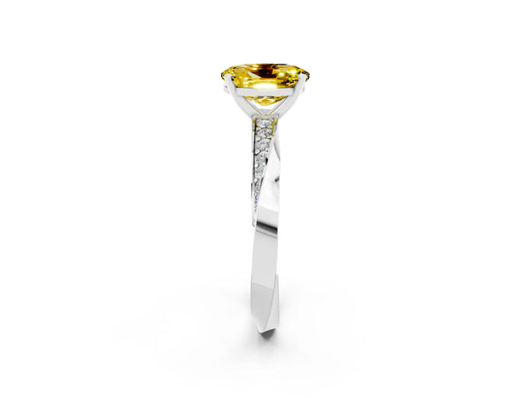 White gold Oval Cut Yellow Sapphire Engagement Ring with Side Stone Accents and Four-Prong Setting