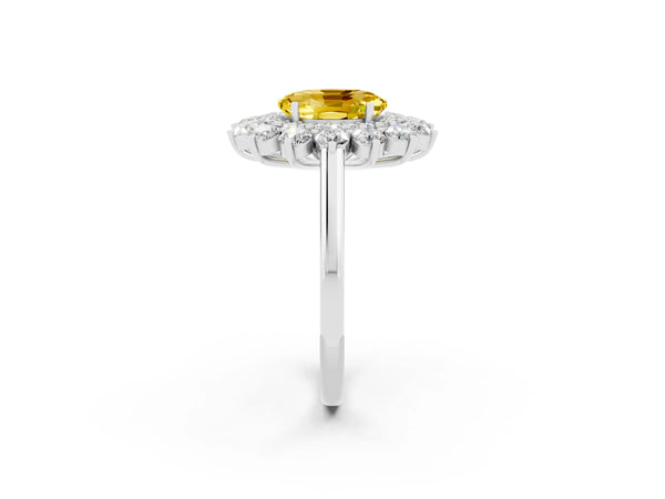 White gold Oval Cut Yellow Sapphire Floral Double Halo Engagement Ring with Prong Setting