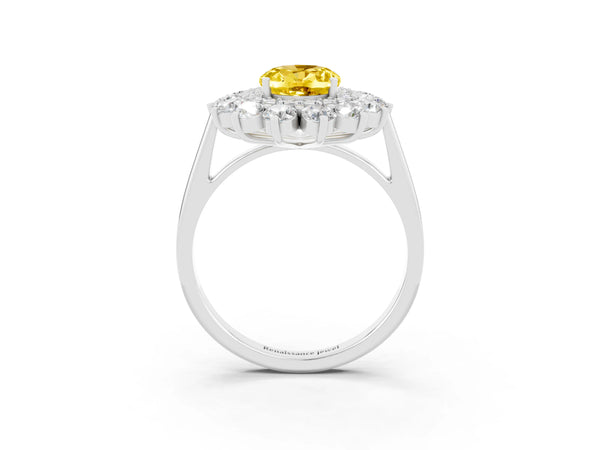 White gold Oval Cut Yellow Sapphire Floral Double Halo Engagement Ring with Prong Setting