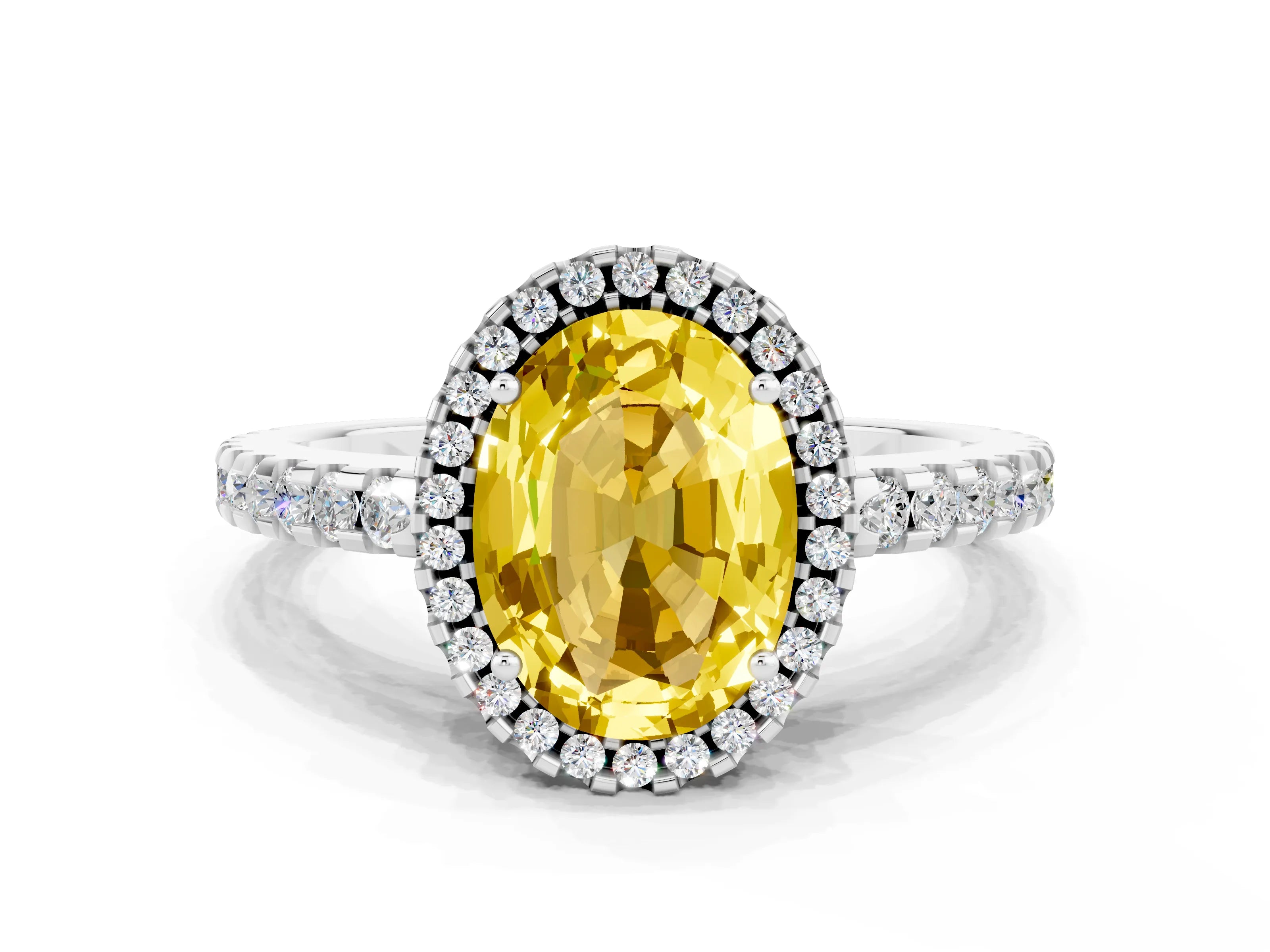 White gold Oval Cut Yellow Sapphire Halo Engagement Ring with Pavé Band and Prong Setting_12