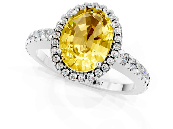 Platinum Oval Cut Yellow Sapphire Halo Engagement Ring with Pavé Band and Prong Setting