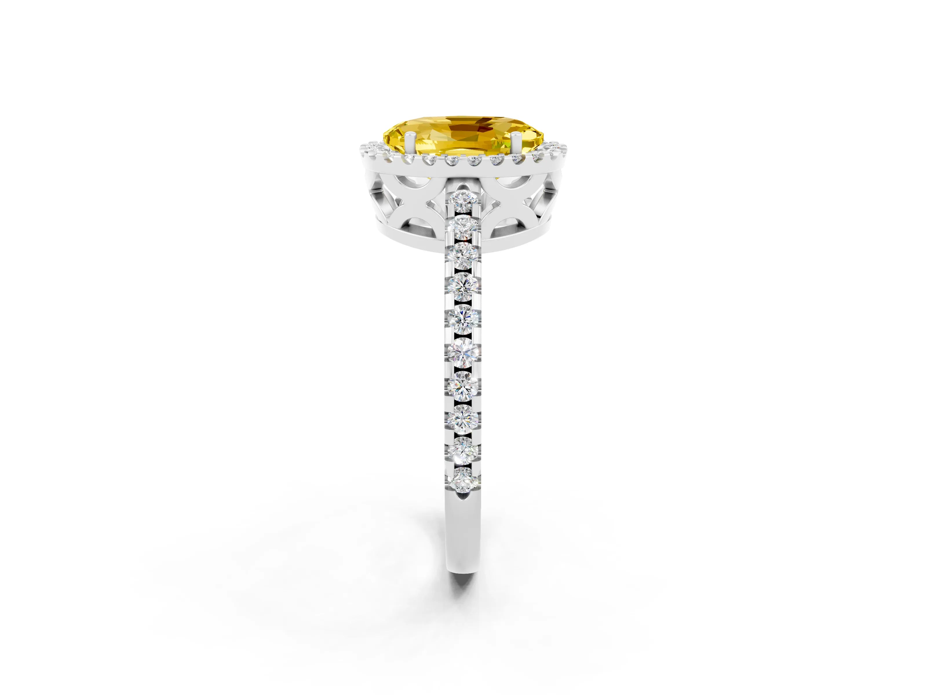 White gold Oval Cut Yellow Sapphire Halo Engagement Ring with Pavé Band and Prong Setting_14