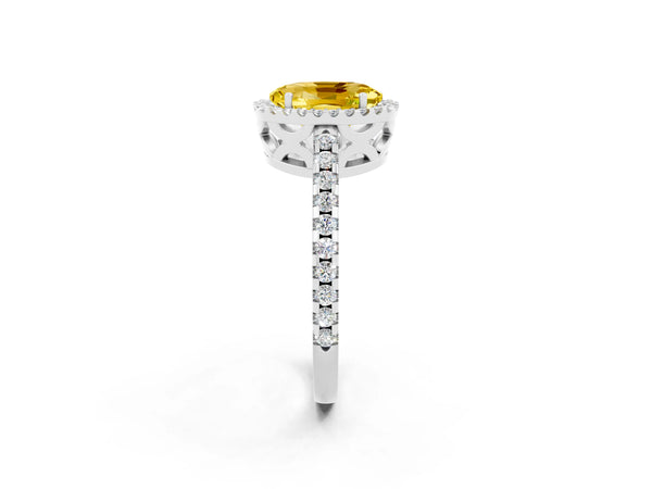 Silver Oval Cut Yellow Sapphire Halo Engagement Ring with Pavé Band and Prong Setting