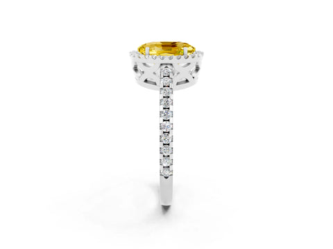 White gold Oval Cut Yellow Sapphire Halo Engagement Ring with Pavé Band and Prong Setting_14
