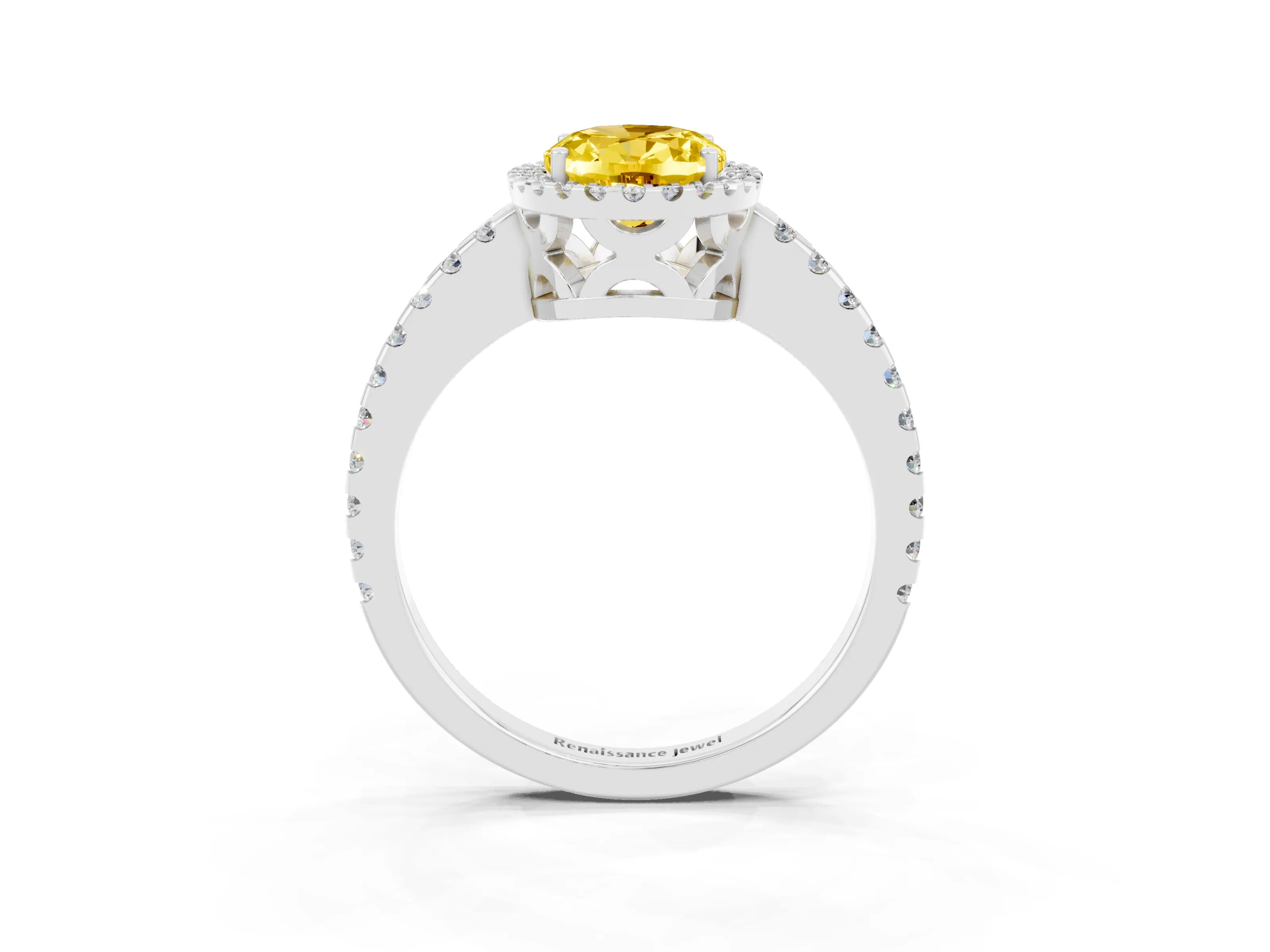 White gold Oval Cut Yellow Sapphire Halo Engagement Ring with Pavé Band and Prong Setting_15